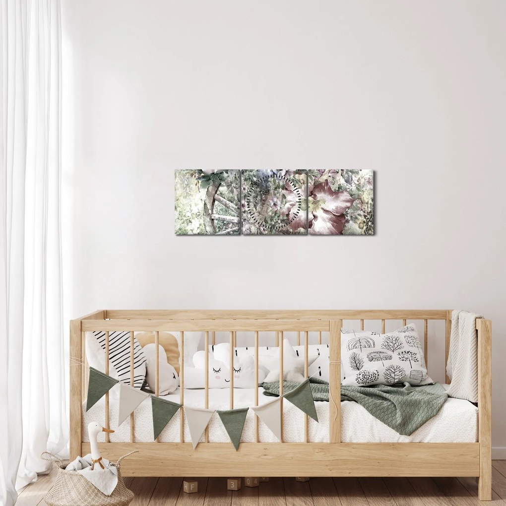 Tablou - Flori pe roata de lemn (cu ceas) (90x30 cm)