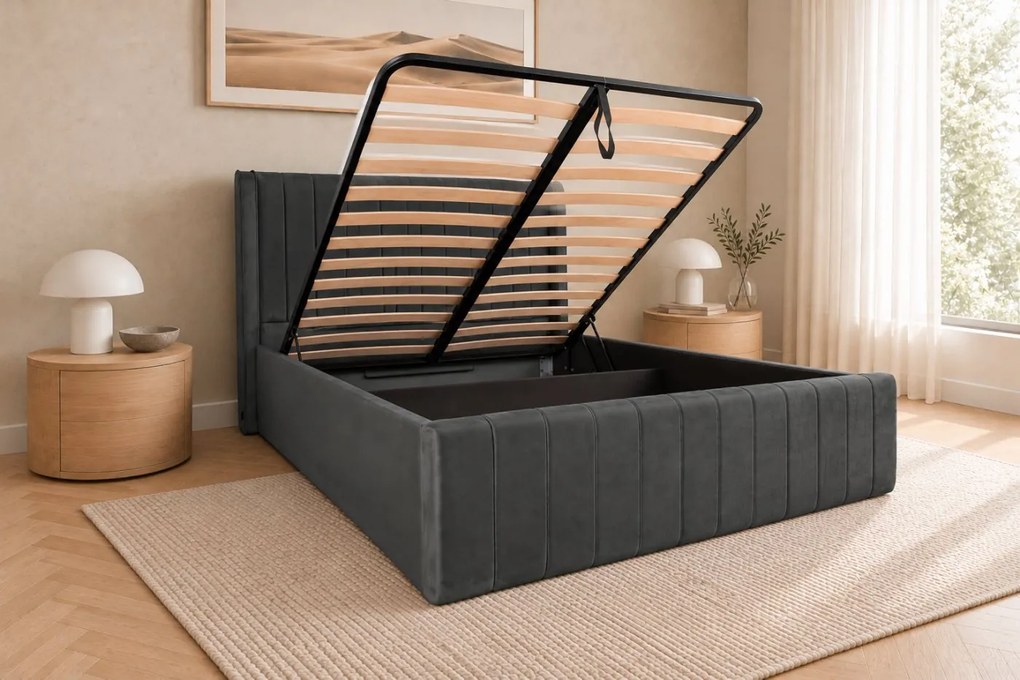 Pat tapițat din catifea Aurelia Simple 140×200 cm, gri închis, cu ladă de depozitare