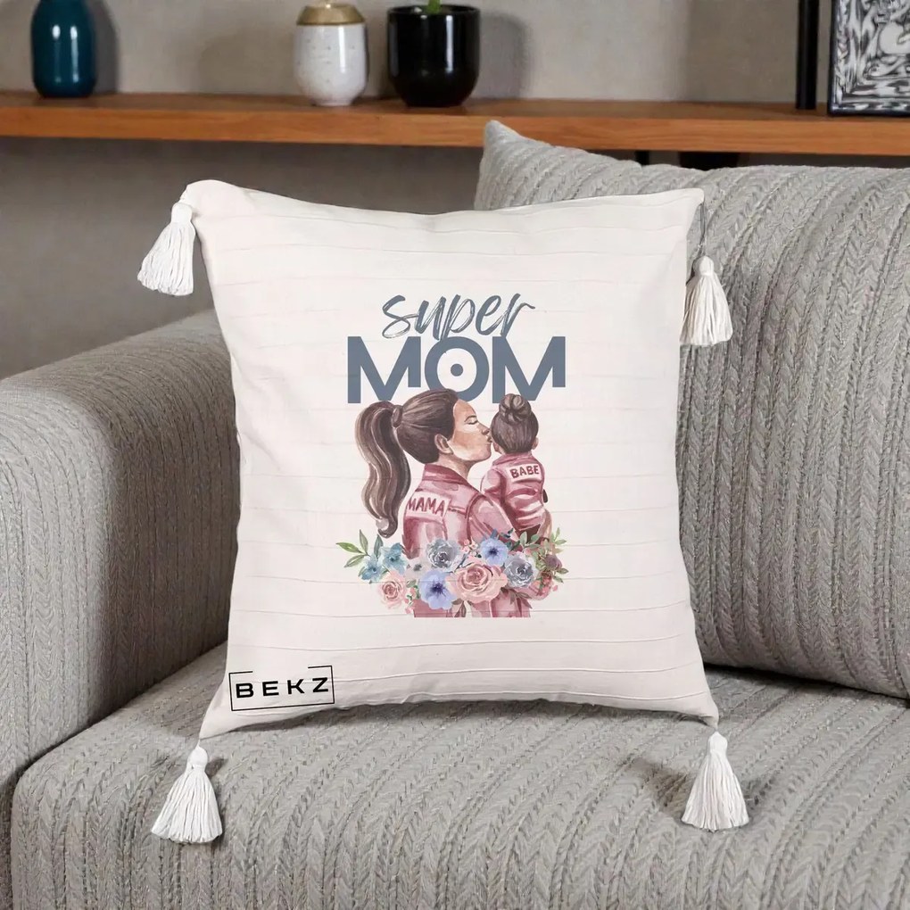 Cadou pentru Mama - Perna Personalizata Super Mom Mama cu Bebelusul, 40x40 cm, Bej cu Franjuri, Husa Detasabila, Perna Inclusa, BEKZ®