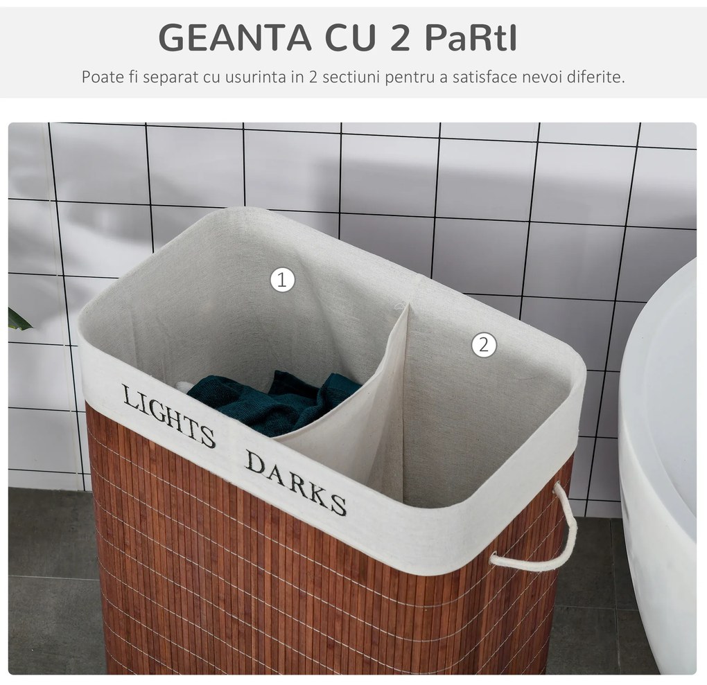 HOMCOM Coș de Rufe din Bambus Rezistent la Apă, 100L, 2 Compartimente, Manere Laterale din Frânghie, Design Elegant | Aosom Romania