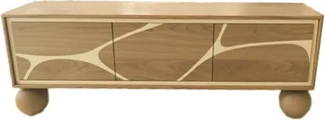 Comodă TV living din lemn de acacia, natur, cu 3 uși, decor alb și picioare sferice, 50 x 145 x 40 cm, „Alvera”
