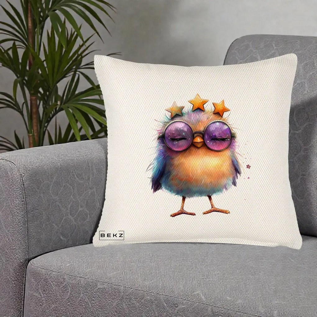 Perna Decorativa Pui Pop Star cu Ochelari Stele Violet, 40x40 cm, Crem Reliefat, Husa Detasabila, Perna Inclusa, BEKZ®