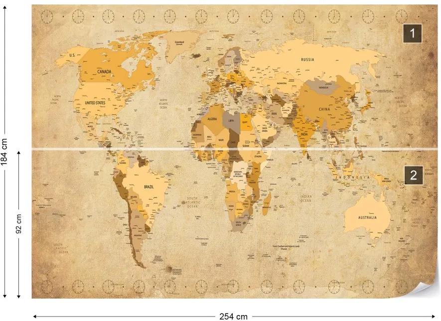 GLIX Fototapet - Vintage World Map Sepia Vliesová tapeta  - 254x184 cm