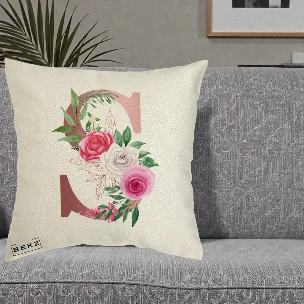 Cadou Personalizat - Perna Personalizata Monograma Rose Gold Litera S, 40x40 cm, Ecru, Husa Detasabila, Perna Inclusa, BEKZ®