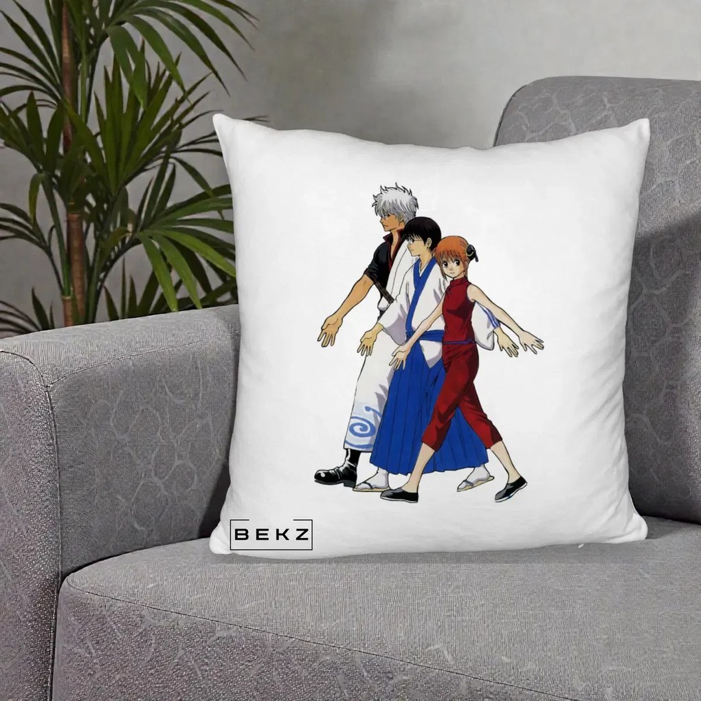 Perna Personalizata Gintama Trio Gintoki Shinpachi Kagura, 40x40 cm, Alb Pufos, Husa Detasabila, Perna Inclusa, BEKZ®