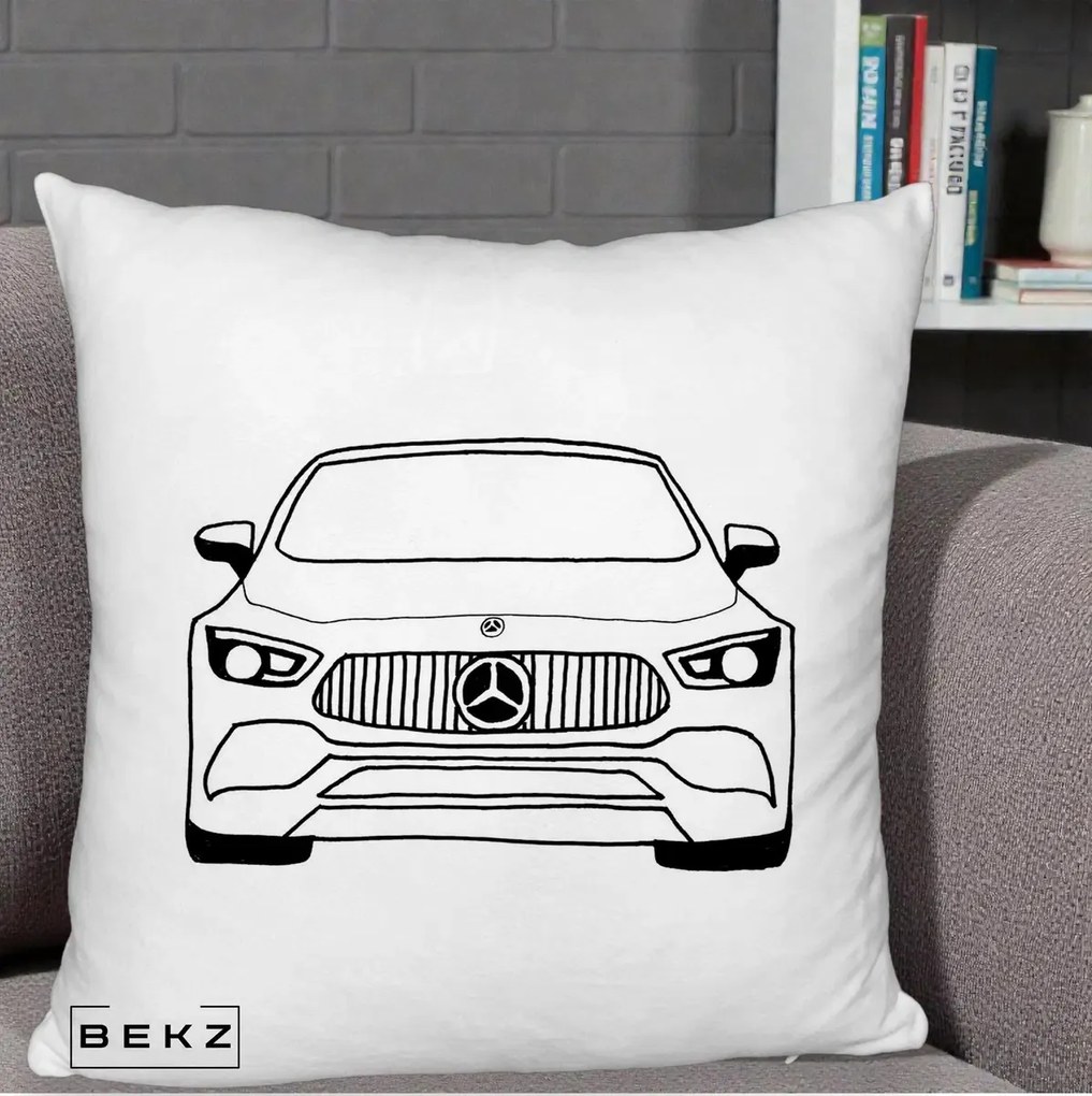 Perna Personalizata Mercedes-Benz Fata Linie, 40x40 cm, Alb Pufos, Husa Detasabila, Perna Inclusa, BEKZ®