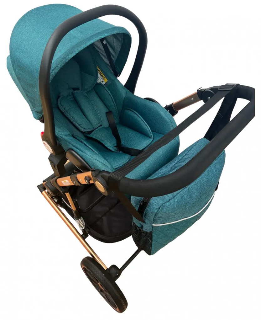 Carucior 3 in 1 cu scoica auto, transformabil, reversibil, cu roti cauciuc, 0-36 luni - CPC-37-turcoaz