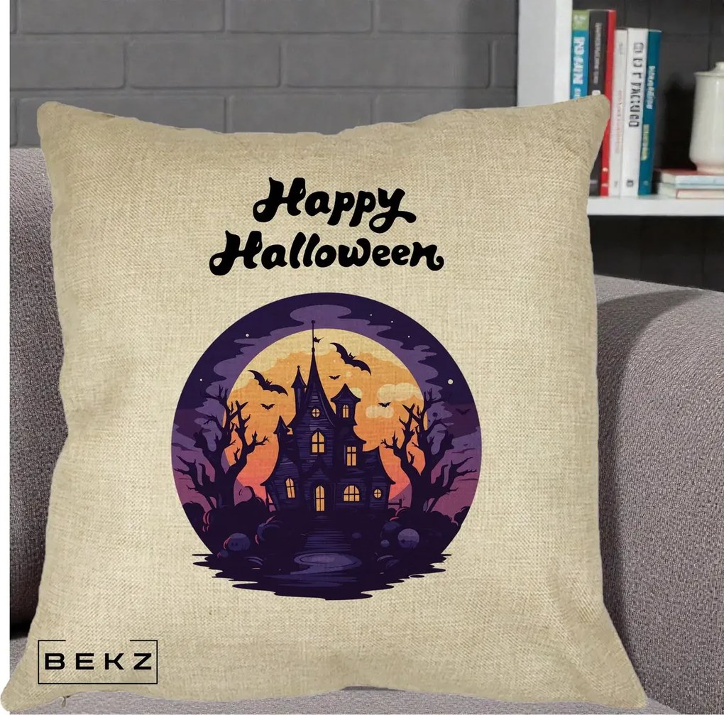 Perna Decorativa Happy Halloween Casa Bantuita Violet, 40x40 cm, Crem, Husa Detasabila, Perna Inclusa, BEKZ®