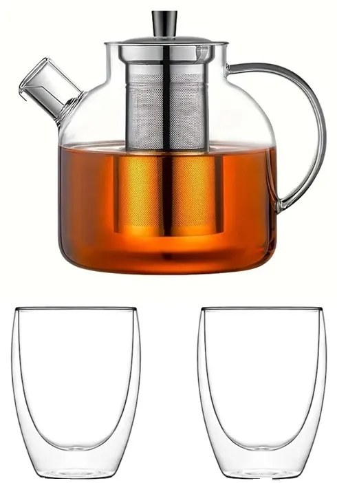 Set ceainic Parnu 1 litru si pahare pereti dubli 300 ml, sticla borosilicata