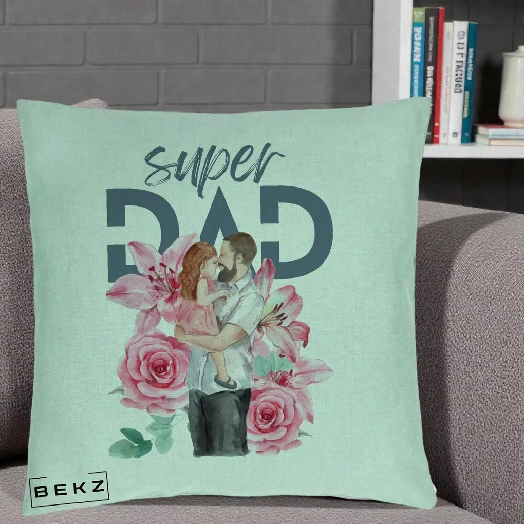 Cadou pentru Tata - Perna Personalizata Super Dad Tata cu Fetita si Flori, 40x40 cm, Verde Menta, Husa Detasabila, Perna Inclusa, BEKZ®