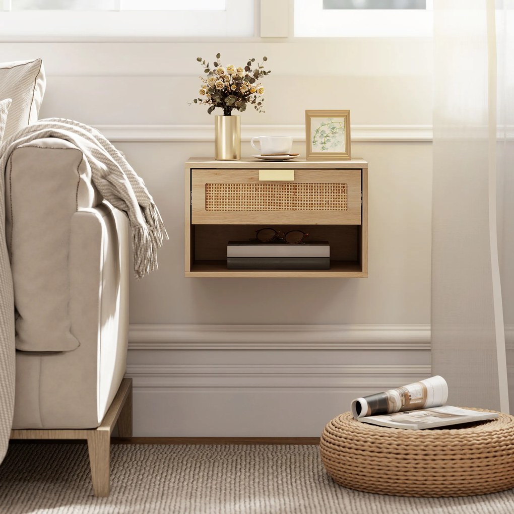 HOMCOM Set de 2 Noptiere Suspendate cu Sertar din Ratan Raft Deschis Economisire Spațiu 40x30x25 cm Stejar | Aosom Romania