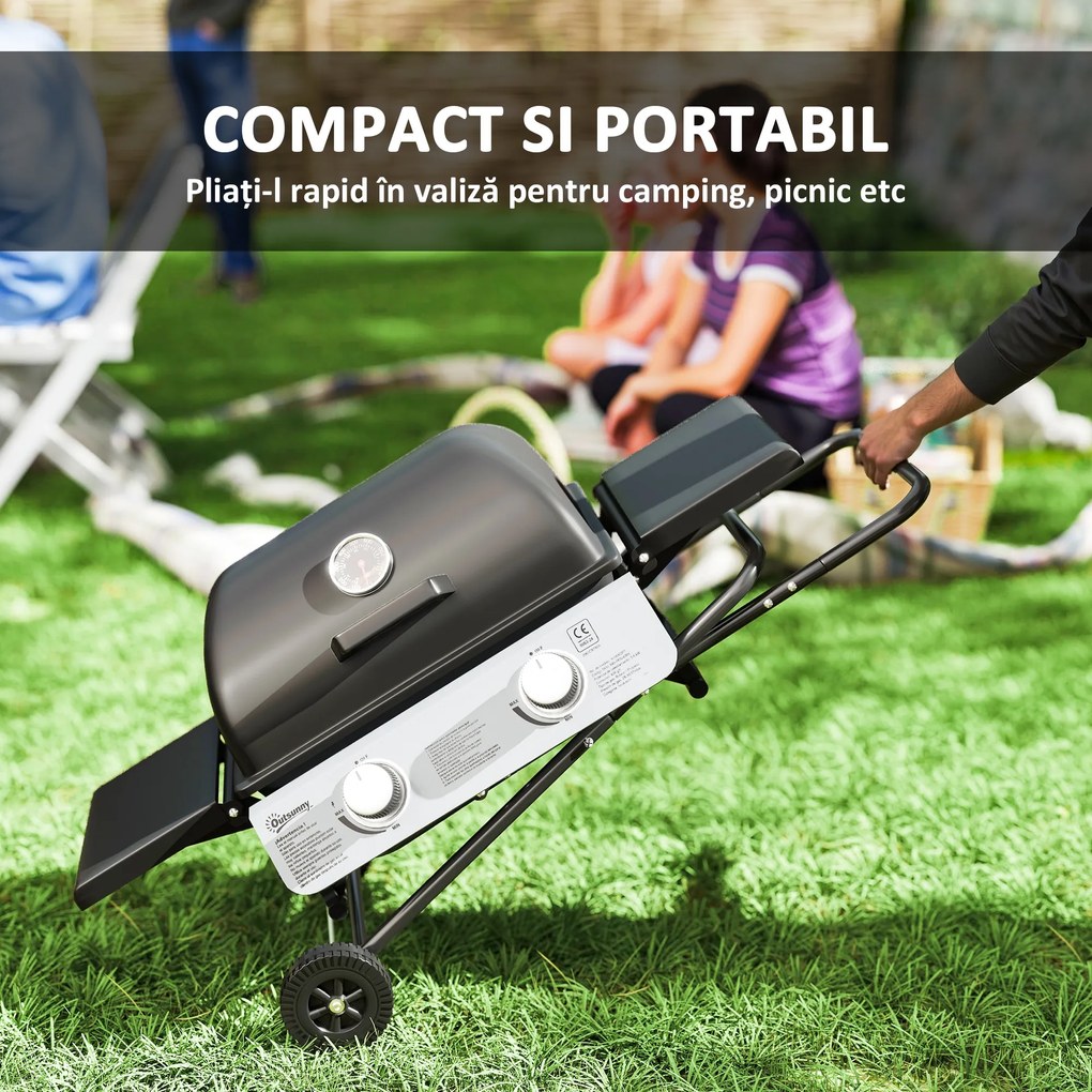 Outsunny Barbecue pe Gaz 2 Arzătoare, 2 Rafturi, Capac și Termometru Negru | Aosom Romania
