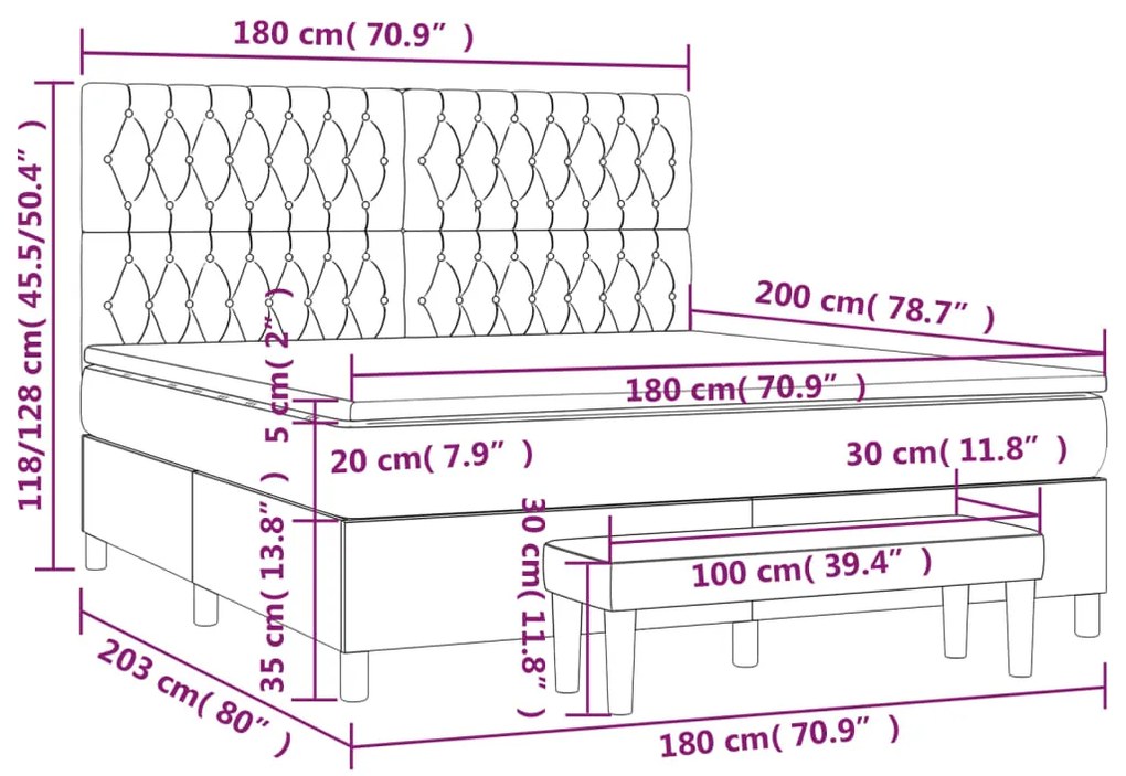 Pat box spring cu saltea, gri inchis, 180x200 cm, catifea Morke gra, 180 x 200 cm, Design cu nasturi