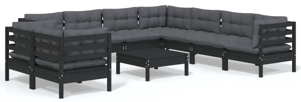 3096909 vidaXL Set mobilier de grădină cu perne 10 piese negru lemn masiv pin