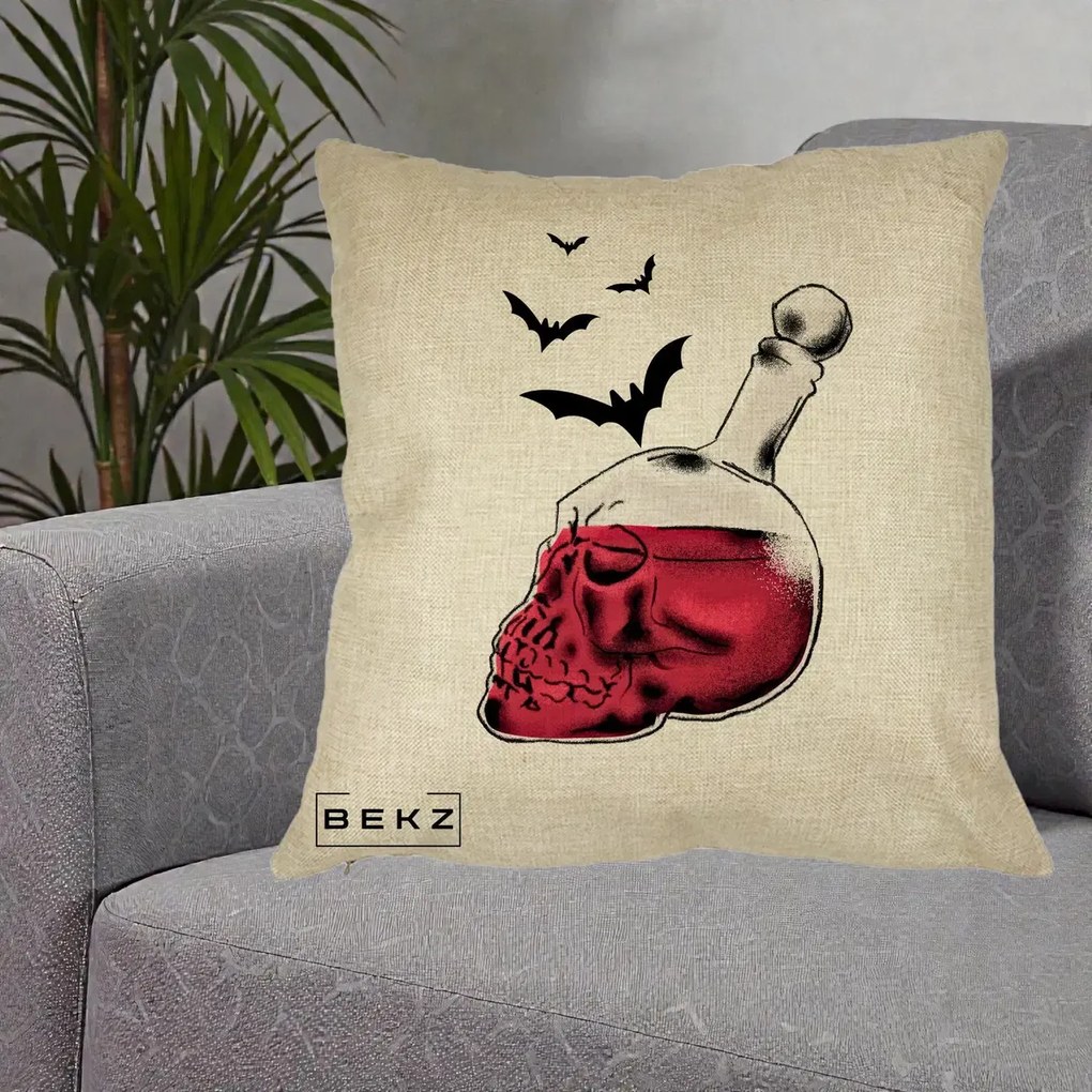 Perna Decorativa Halloween Craniu-Sticla cu Lilieci, 40x40 cm, Crem, Husa Detasabila, Perna Inclusa, BEKZ®