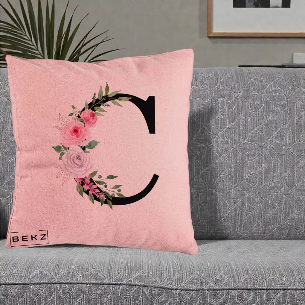 Cadou Personalizat - Perna Personalizata Monograma Florala Litera C, 40x40 cm, Roz, Husa Detasabila, Perna Inclusa, BEKZ®