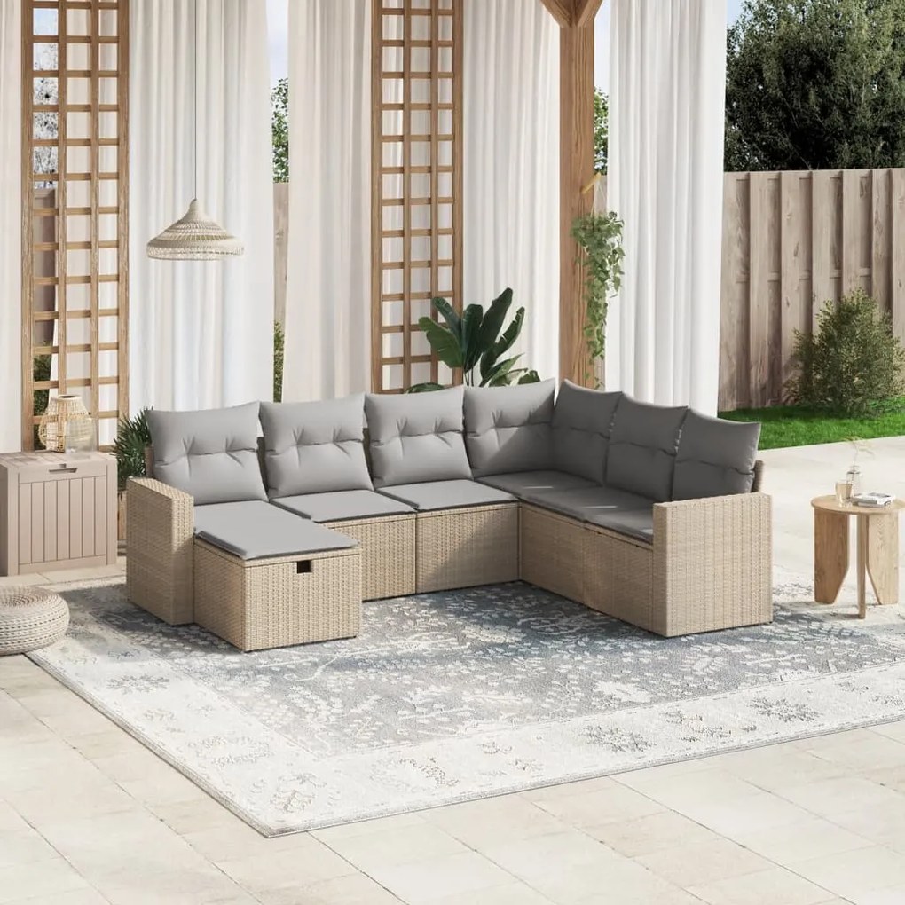 vidaXL Set canapele de grădină, 7 piese, cu perne, bej, poliratan