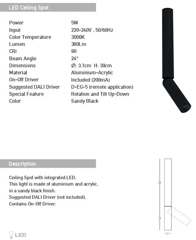 Spot LED aplicat cu rotire si înclinare Tube negru