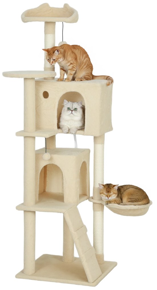 PawHut Copac zgârietură pentru pisici 160 cm cu 2 căsuțe, hamac și stâlpi sisal — Bej | Aosom Romania