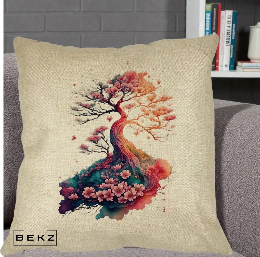 Perna Decorativa Copac Sakura Acuarela Fantasy, 40x40 cm, Crem, Husa Detasabila, Perna Inclusa, BEKZ®