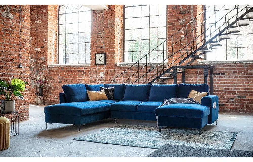 Canapea extensibilă din catifea în formă de „U” cu șezlong pe partea stângă Miuform Lofty Lilly, albastru marin