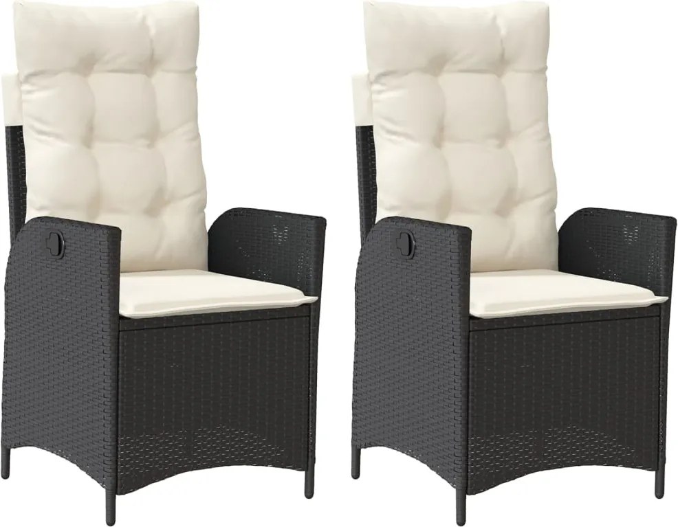 vidaXL Scaune de grădină rabatabile cu perne, 2 buc., negru, poliratan