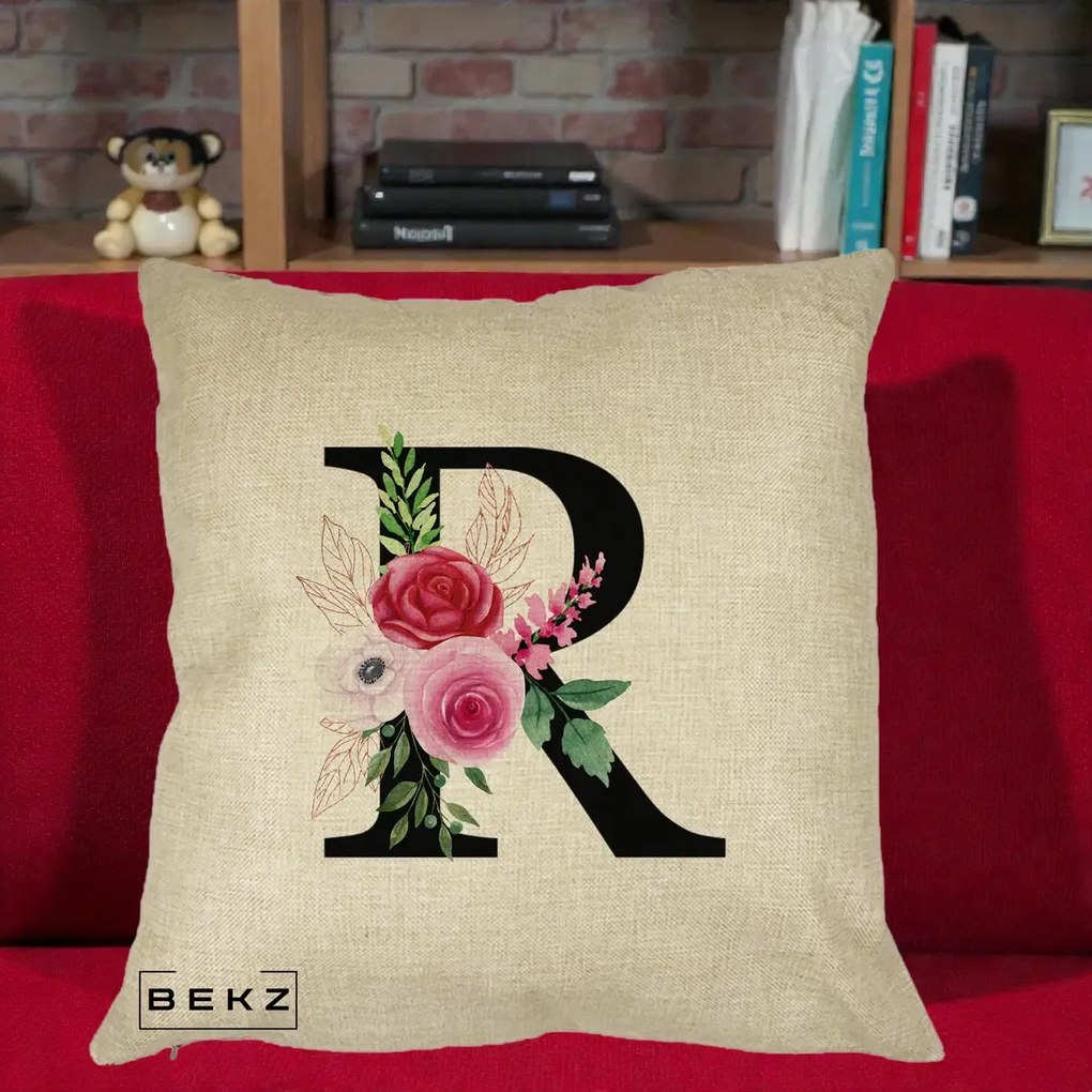 Cadou Personalizat - Perna Personalizata Monograma Florala Litera R, 40x40 cm, Crem, Husa Detasabila, Perna Inclusa, BEKZ®