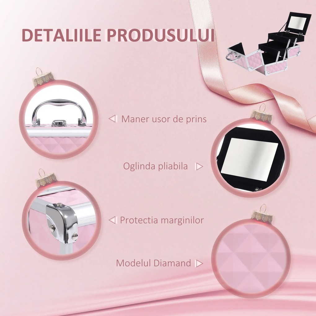 HOMCOM Trusa Machiaj  Profesionala, Beauty Case pentru Make Up cu Profile din Aluminiu, Maner si Tava in Consola, 20x15x15cm, Roz | Aosom Romania