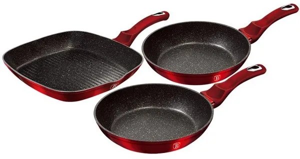 Set 3 tigai marmorate antiaderente (contine tigaie grill) de calitate, Burgundy Metalic Line Berlinger Haus BH 1289N