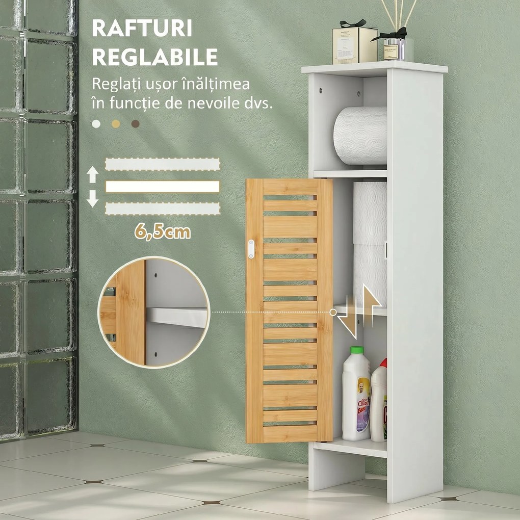 HOMCOM Dulăpior de Baie cu Suport pentru Hârtie Igienică, Dulap Îngust cu Raft Reglabil, 78 cm, Alb | Aosom Romania