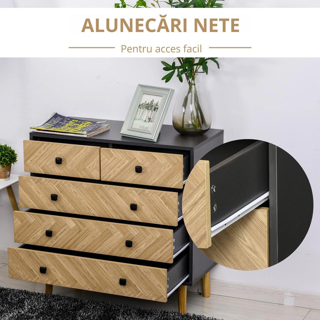 HOMCOM Noptieră Modernă din Lemn cu 5 Sertare și Picioare Ridicate din Pin, Design Elegant, Gri Închis, 80x40x80cm | Aosom Romania
