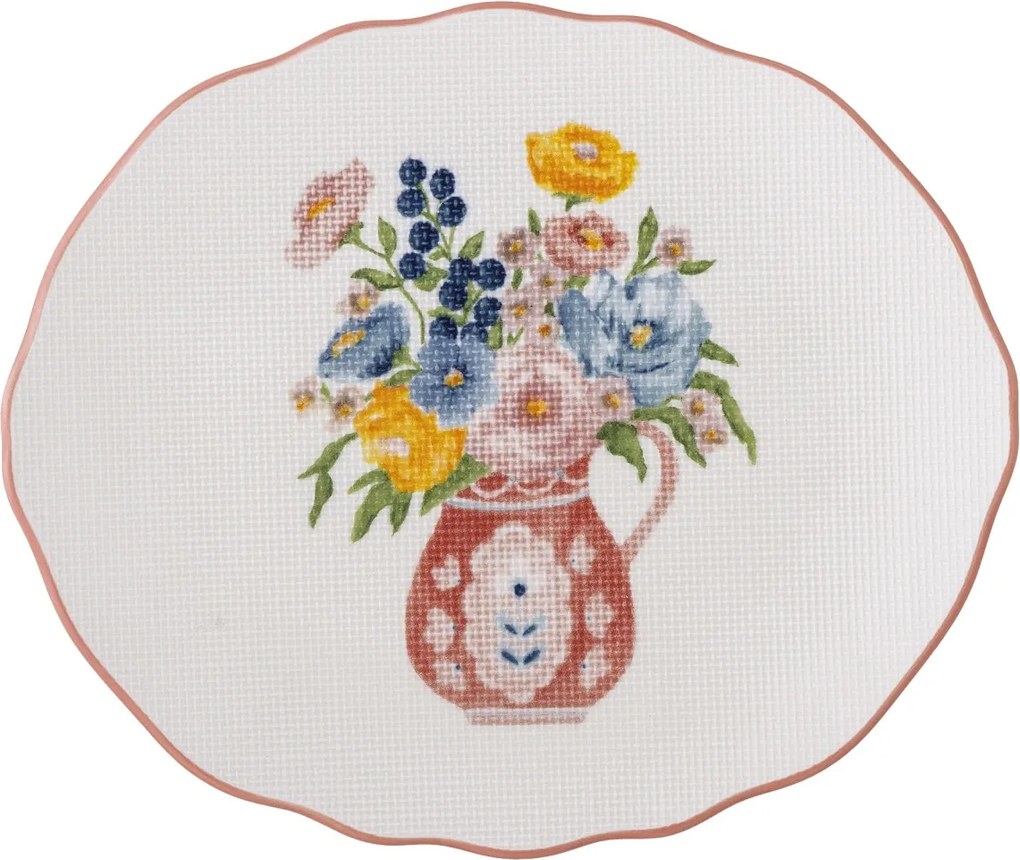 Farfurie din ceramică cu motive florale și margine roz pictată manual, 20×17×2 cm, „Dorothy"