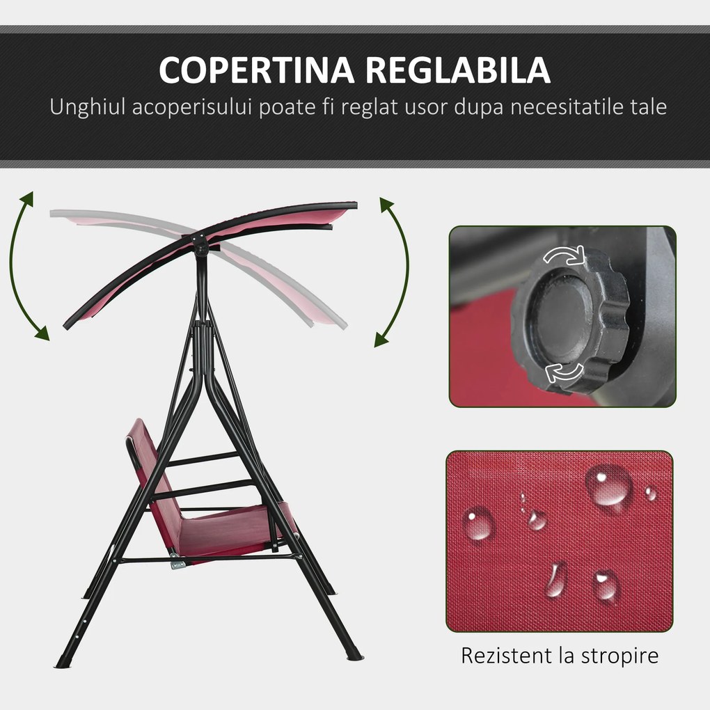 Outsunny Balansoar de Grădină cu 3 Locuri, Copertină Parasolar Reglabilă și Șezut Respirabil, 172x110x153 cm, Roșu Vin | Aosom Romania