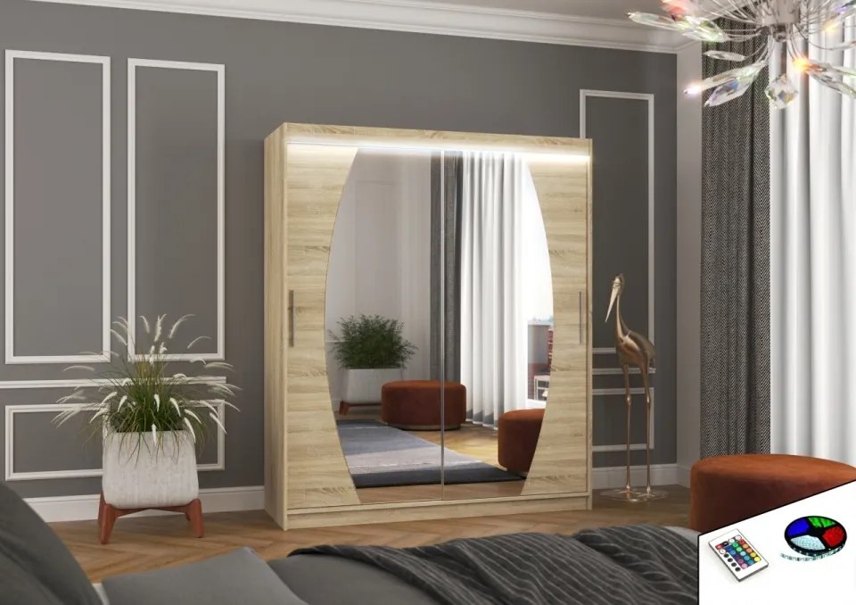 Dulap cu usi glisante si oglinda + iluminare LED, Baltimore 180 + LED, 180 cmx200 cmx58 cm, ADRK Furniture (Culoare: Sonoma)