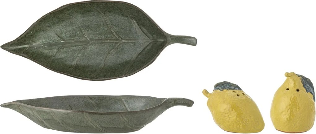 Set solniță și pipernița din ceramică galbenă în formă de lămâi, cu tavă în formă de frunză, 25,5×8,5×11 cm, „Limone"
