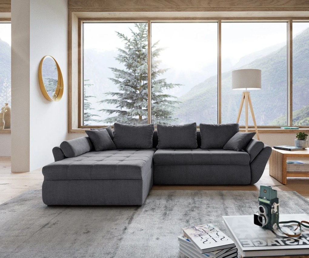 Colțar extensibil dumonde cu ladă de depozitare si sezut confortabil din spuma high-density, Loana Enjoy Grafit 270x185 cm