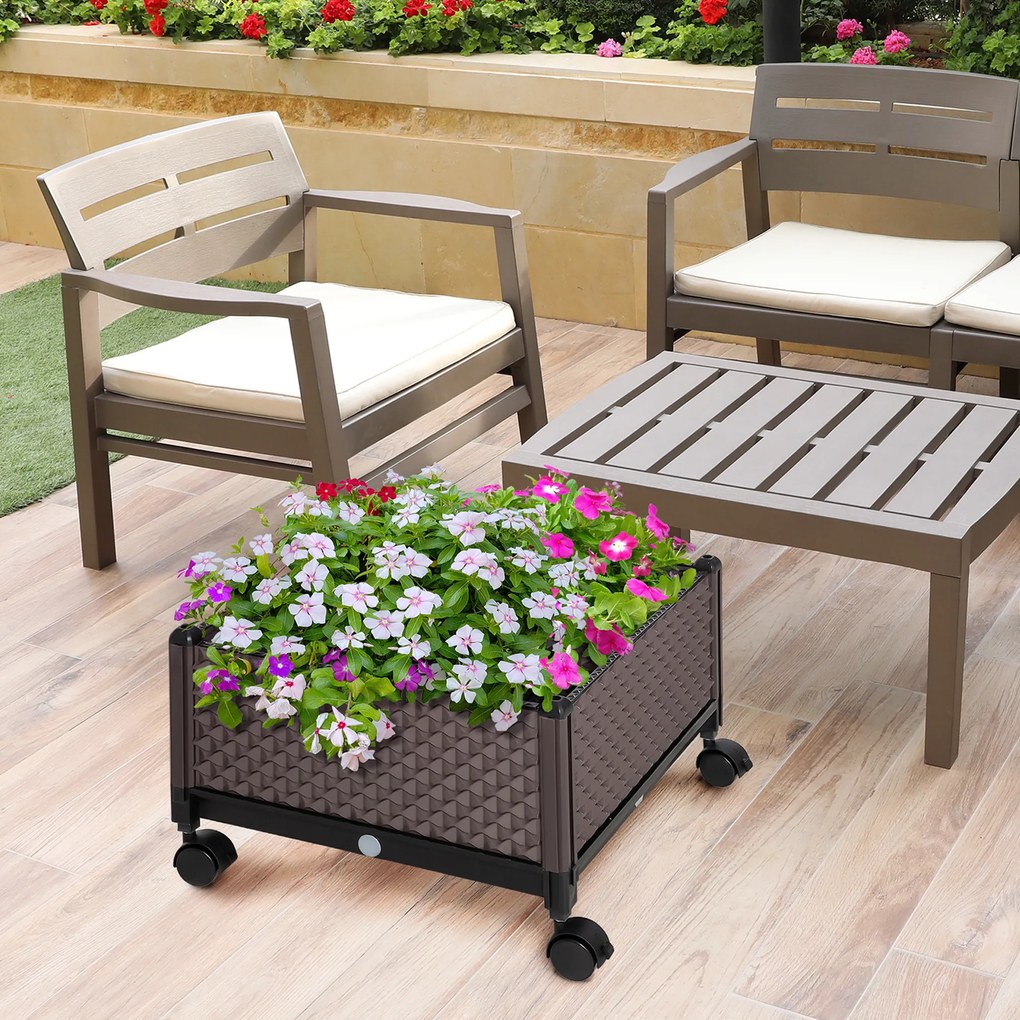 Outsunny Jardinieră din plastic cu roți și orificii de drenaj pentru cultivarea plantelor în exterior 50x50x33 cm Marrón | Aosom Romania