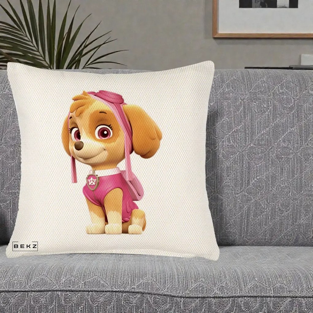 Perna Personalizata Skye PAW Patrol Roz, 40x40 cm, Crem Reliefat, Husa Detasabila, Perna Inclusa, BEKZ®
