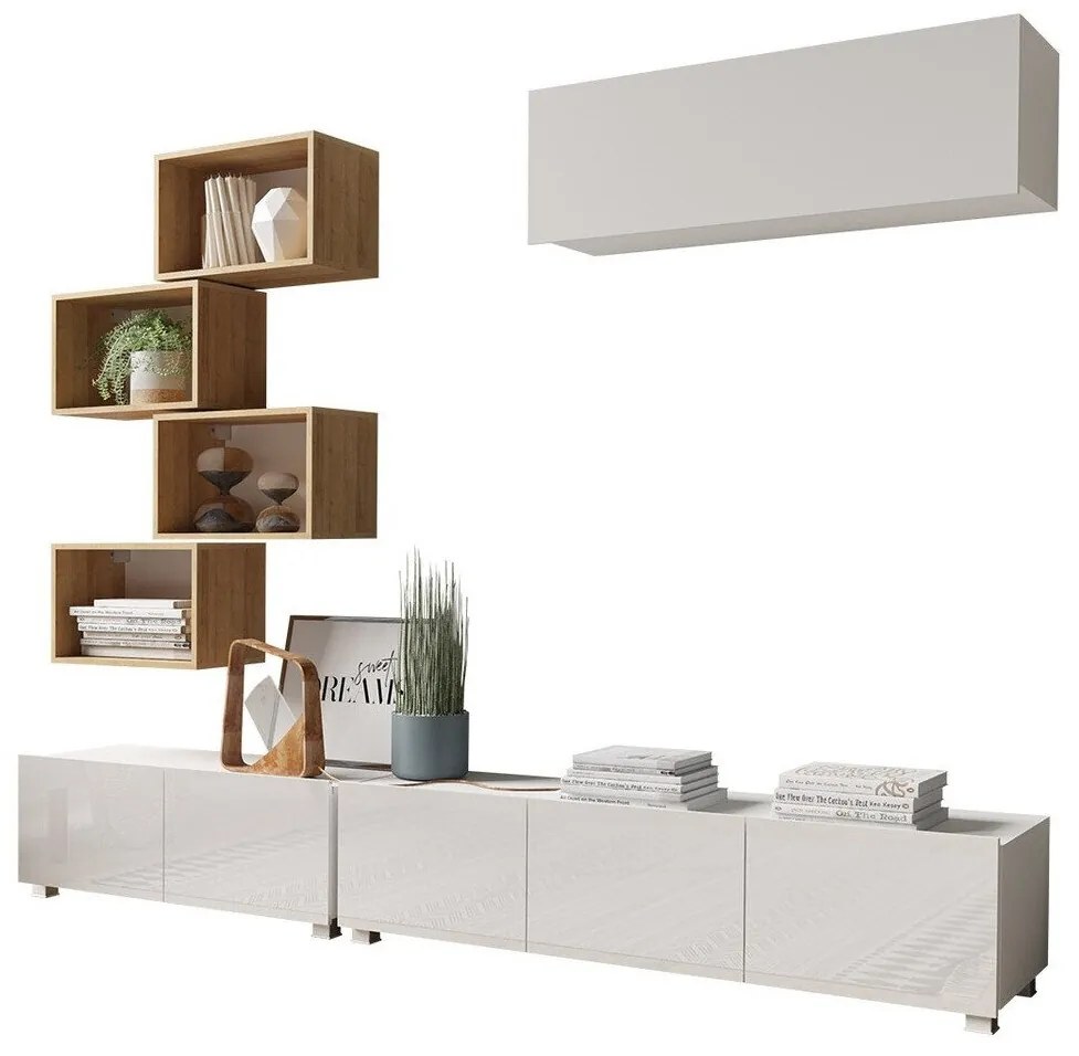 Camera de zi Providence B147Alb, Stejar auriu, Alb lucios, Cu comodă tv, Cu componente suplimentare, Părți separate, PAL laminat, 250x43cm, 76 kg
