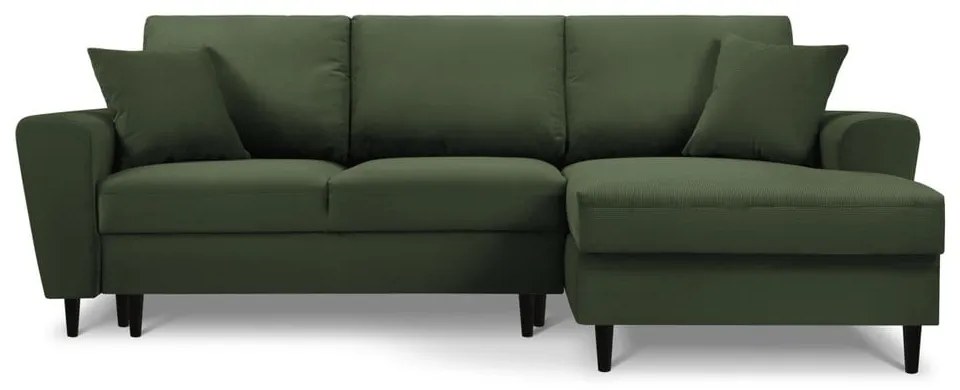 Colțar verde extensibil, cu spațiu de depozitare cu tapițerie din catifea reiată (cu colț pe partea dreaptă, cu șezlong) Kyoto – Cosmopolitan Design