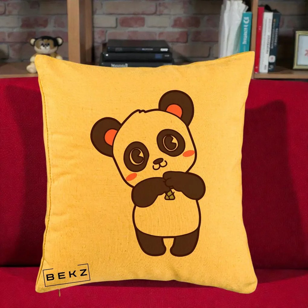 Perna Personalizata Panda Kawaii cu Bambus, 40x40 cm, Galben, Husa Detasabila, Perna Inclusa, BEKZ®