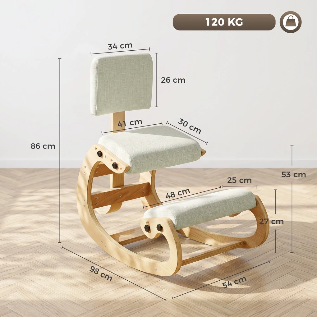 HOMCOM Scaun Ergonomic pentru Genunchi cu Spatar, Balansoar, Postural, Lemn Mesteacan, Crem | Aosom Romania