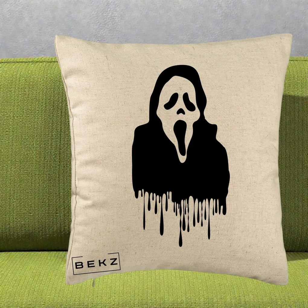 Perna Personalizata Halloween Ghostface Scream Picurand, 40x40 cm, Bej, Husa Detasabila, Perna Inclusa, BEKZ®
