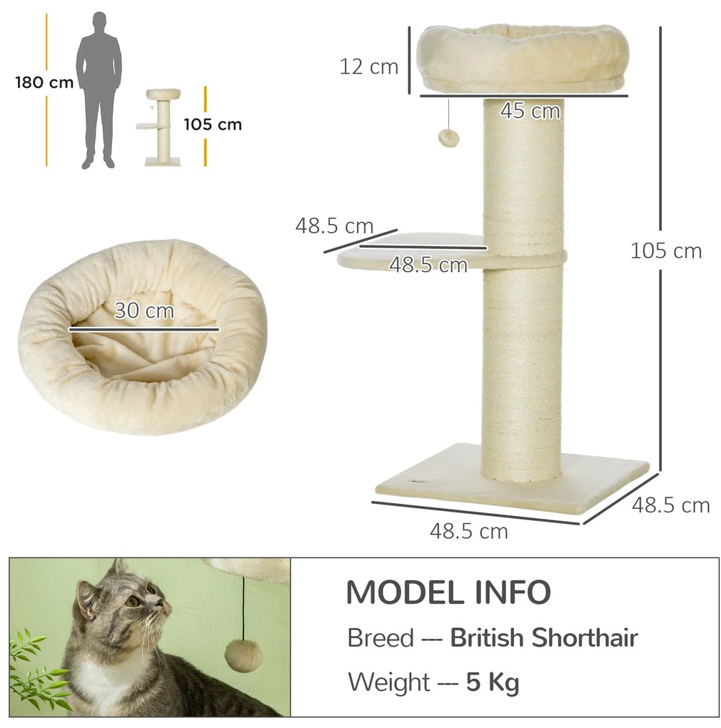 PawHut Copac pentru pisici grifou sisal natural 2 platforme coș observație jucărie bilă suspendată pluș bej | Aosom Romania