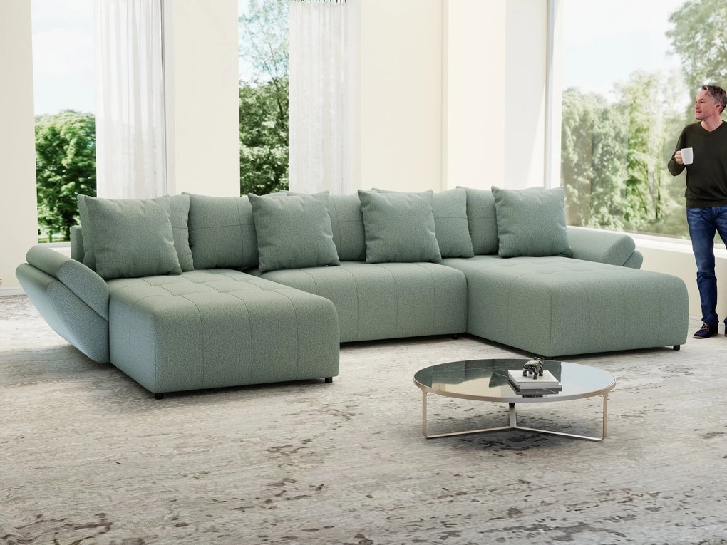 Colțar extensibil dumonde cu ladă de depozitare si sezut confortabil din spuma high-density, Berlin U Enjoy Mint 380x180 cm