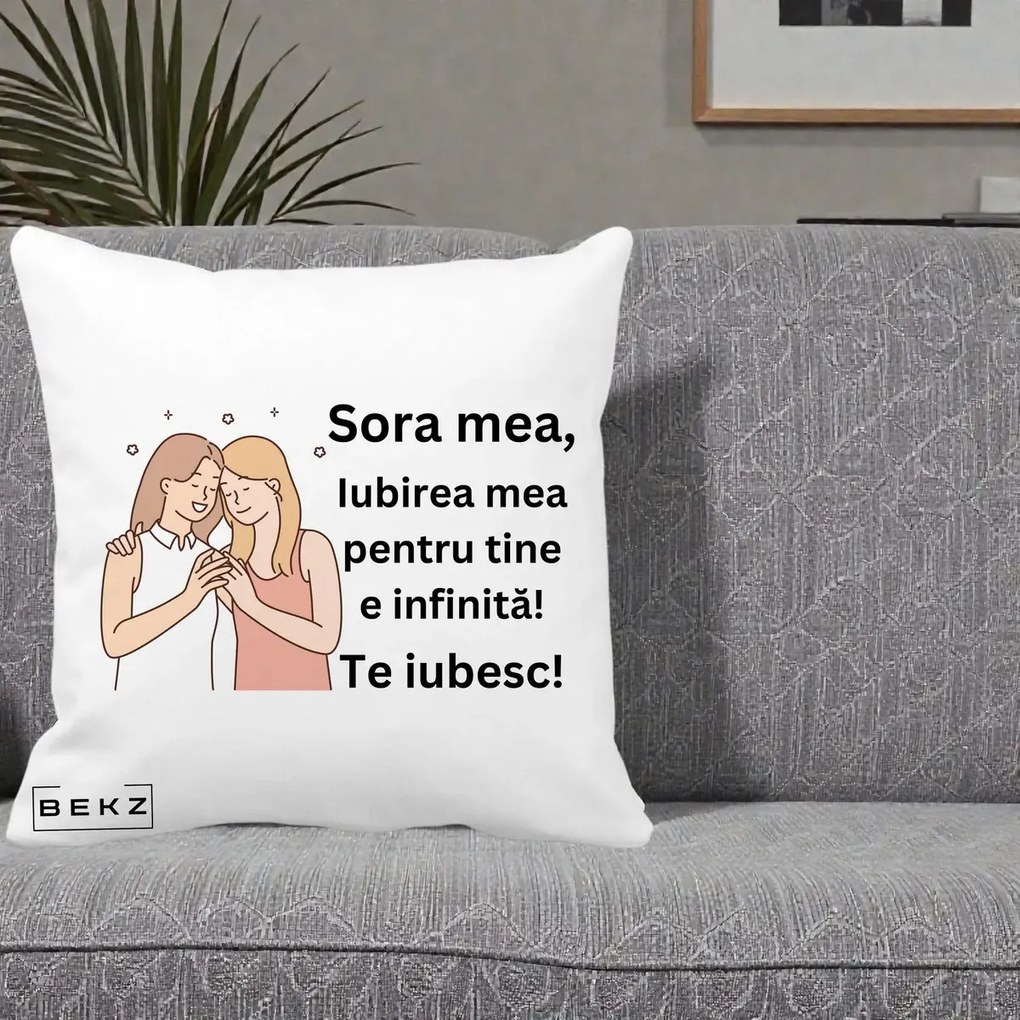Cadou pentru Sora - Perna Personalizata Sora Mea Te Iubesc Imbratisare cu Sclipiri, 40x40 cm, Alba Mata, Husa Detasabila, Perna Inclusa, BEKZ®