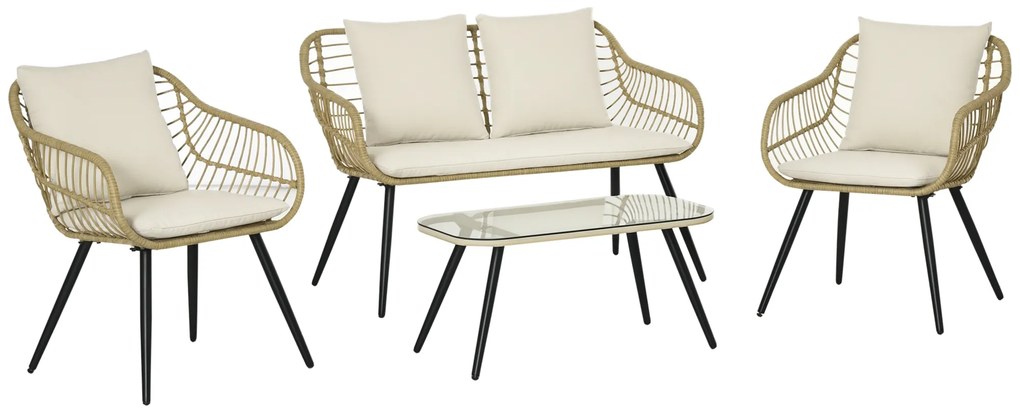 Outsunny Set Mobilier de Grădină din 4 Piese cu Canapea, 2 Fotolii cu Perne Lavabile și Măsuță, 120x65x78 cm, Bej | Aosom Romania