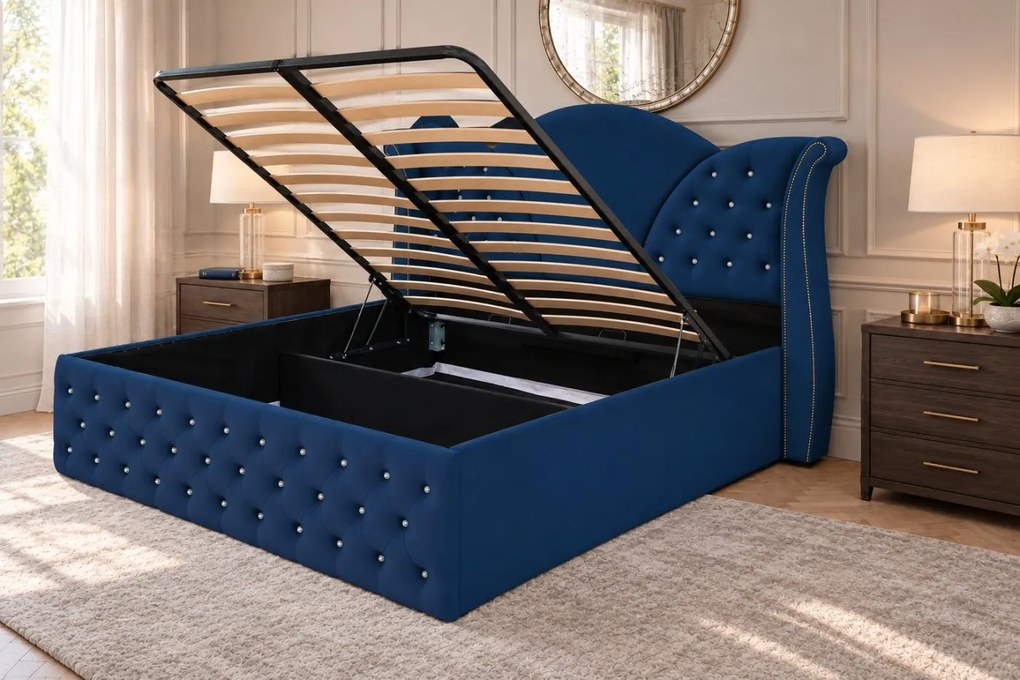Pat tapițat Chesterfield din catifea Velora Cristal 160×200 cm, bleumarin, cu ladă de depozitare