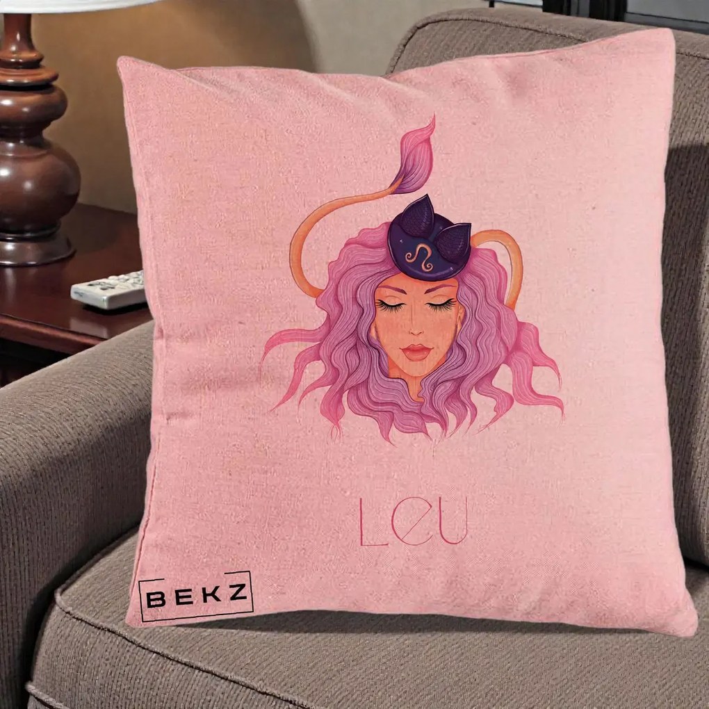 Perna Personalizata Zodie Leu, 40x40 cm, Roz, Husa Detasabila, Perna Inclusa, BEKZ®