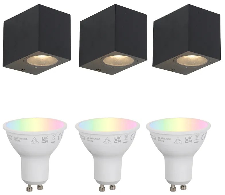 Set de 3 Aplice de Perete Inteligente Negre GU10 50mm IP44 - Baleno